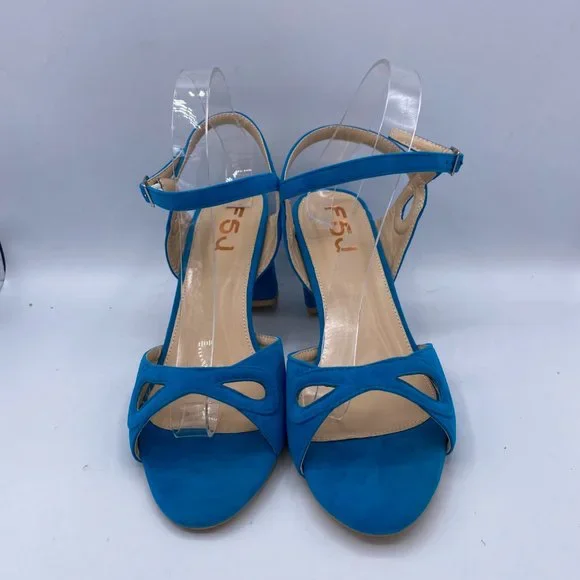 FSJ Women's Blue Ankle Strap Chunky Heel Sandal - Picture 3 of 11